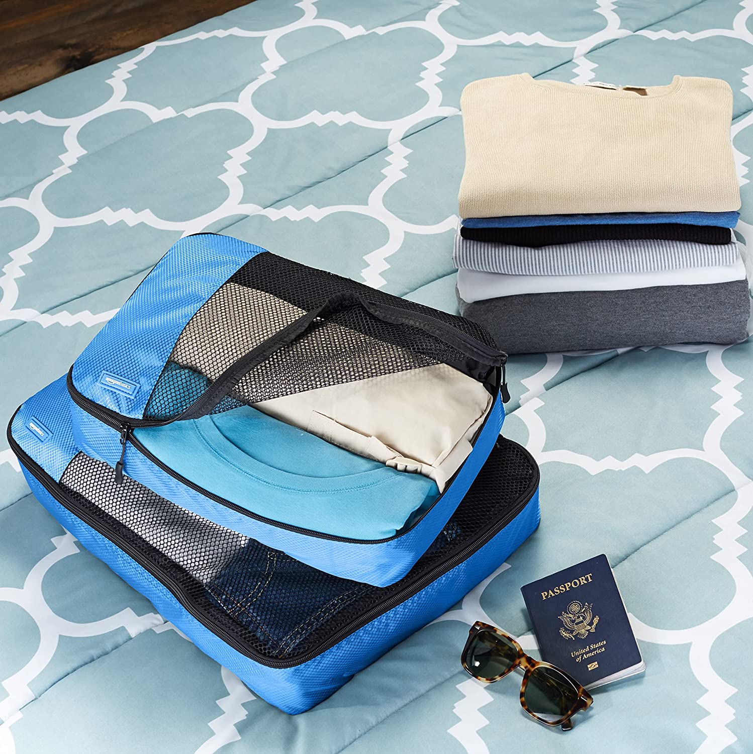 Basics 4 Piece Packing Travel Organizer Cubes Set - Medium， Sky Blue - Image 8
